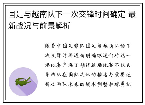 国足与越南队下一次交锋时间确定 最新战况与前景解析