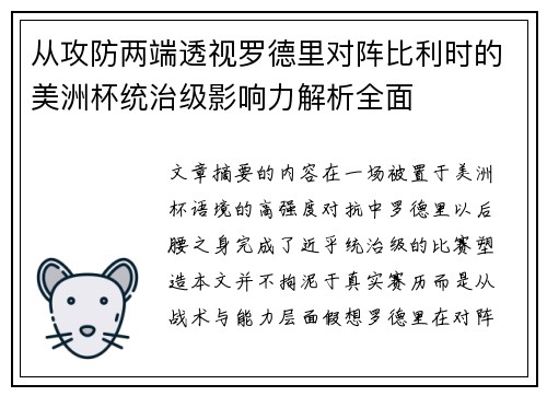 从攻防两端透视罗德里对阵比利时的美洲杯统治级影响力解析全面